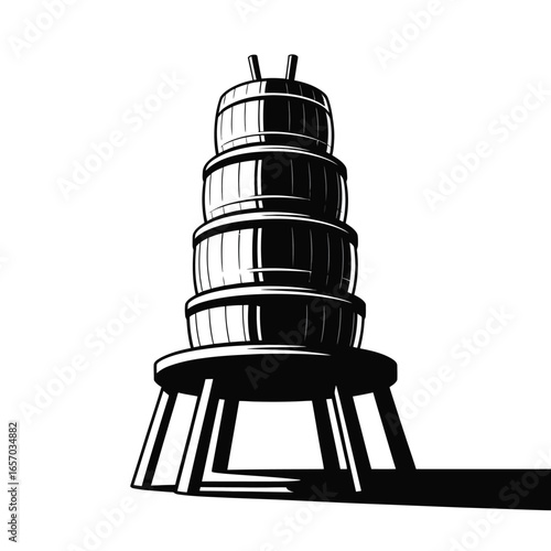 Stack of Five Black Wooden Barrels on a Table with Shadow storage