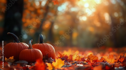 Beautiful Autumn Landscape With Pumpkins Surrounded by Colorful Fallen Leaves...