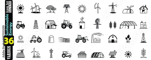 Extensive set of black and white line art icons for sustainable energy and agriculture collection