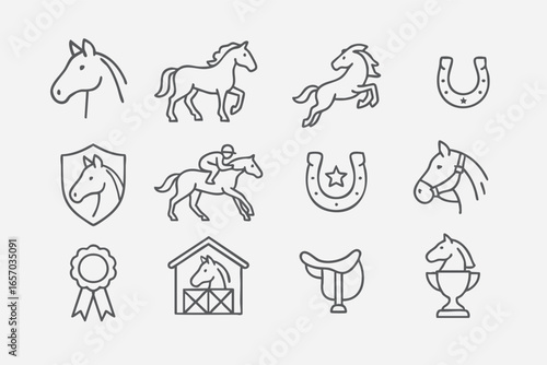 Minimalist icon set themed around horses and equestrianism: galloping horses, horseshoes, saddle, jockey, stable, and trophies. Black stroke style, perfect for equestrian and horse riding content.