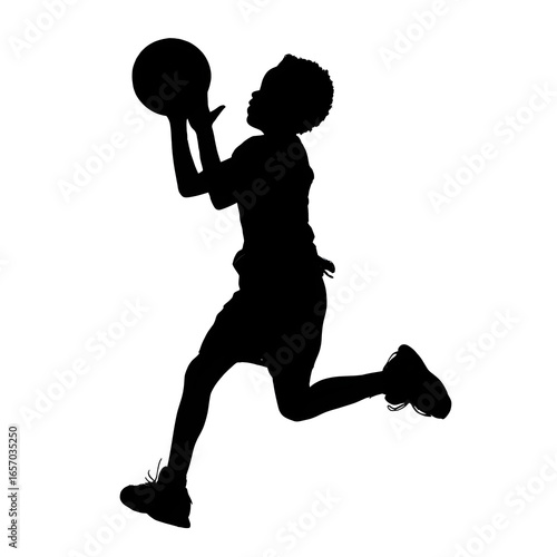 Silhouette of Boy Playing Basketball - Young Athlete in Action, Isolated on White Background