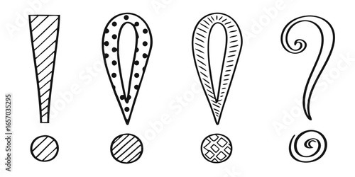 various hand-drawn style punctuation marks isolated on white background.