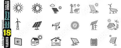Set of 18 icons for solar power and renewable energy technologies solar panel wind turbine