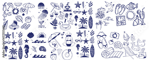 Hand drawn summer set. Italian foods, lobster, oyster, olive, lemon, shell. Coastal Greece beach, doodle Greek seafood, coast sea elements for placard, Italy menu, sketch, poster, wedding