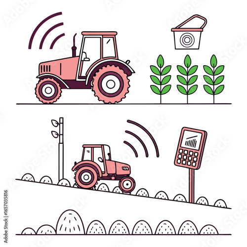Smart Farming Technology with Tractors and Agricultural Devices on White Background Keywords: smart farming, agriculture, technology, tractor, farm