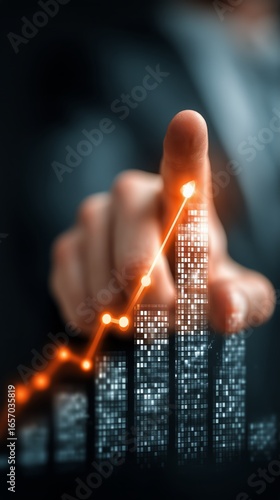 Business Professional Pointing at a Rising Stock Market Graph in a Corporate ...