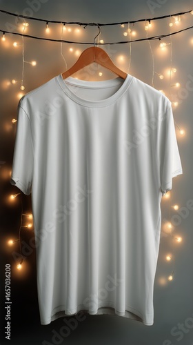 Simple White T-Shirt Displayed Against a Backdrop of Warm Fairy Lights in a C...