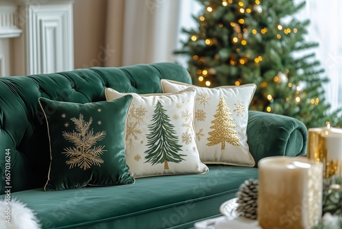 Green Sofa Decorated With Christmas Cushions and Illuminated Tree in Festive ...
