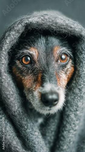 Dog Wrapped in Grey Blanket Showing Expressive Eyes and Calm Demeanor at Home.