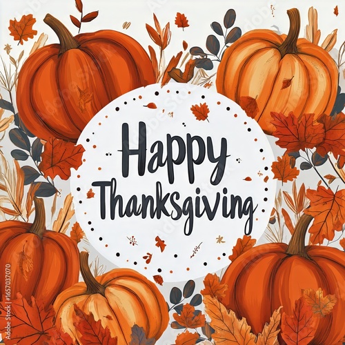 Autumn Celebration With Pumpkins and Leaves Wishing Happy Thanksgiving in War...