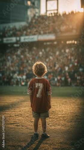 Young Fan Watches Football Game at Stadium During Sunset With Crowd in Backgr...