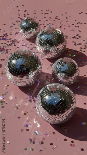 Shiny Disco Balls on Pink Surface With Colorful Confetti Scattered Around Them