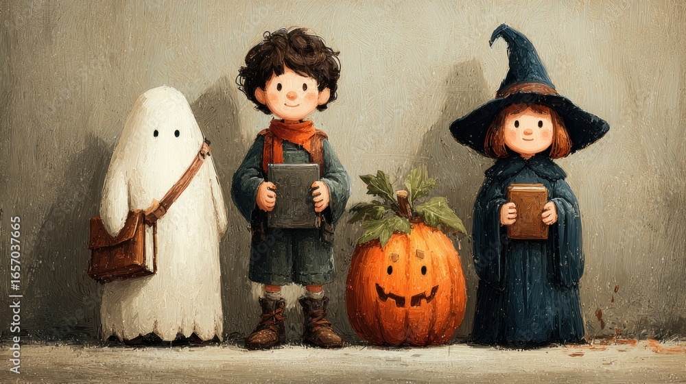 Fototapeta premium A collection of vintage style Halloween characters including a ghost, pumpkin and witch. Vector illustration