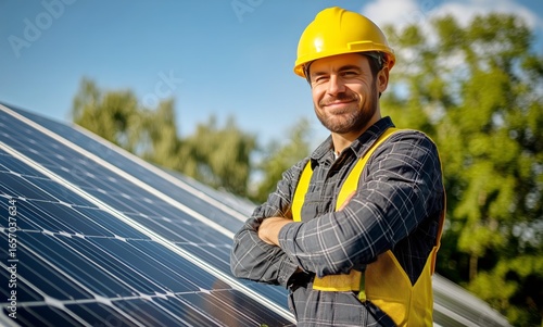 Solar Energy Worker Smiles Confidently by Solar Panels in Sunny Outdoor Setti...