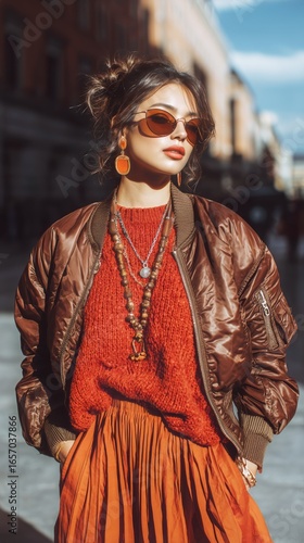 Stylish Woman in a Brown Bomber Jacket Enjoys a Sunny Day in an Urban Setting...