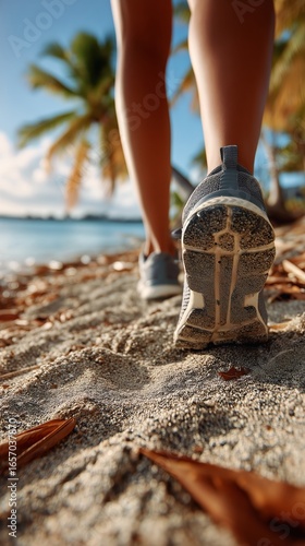 Walking Along the Shoreline in Comfortable Shoes During Sunset Near Palm Trees