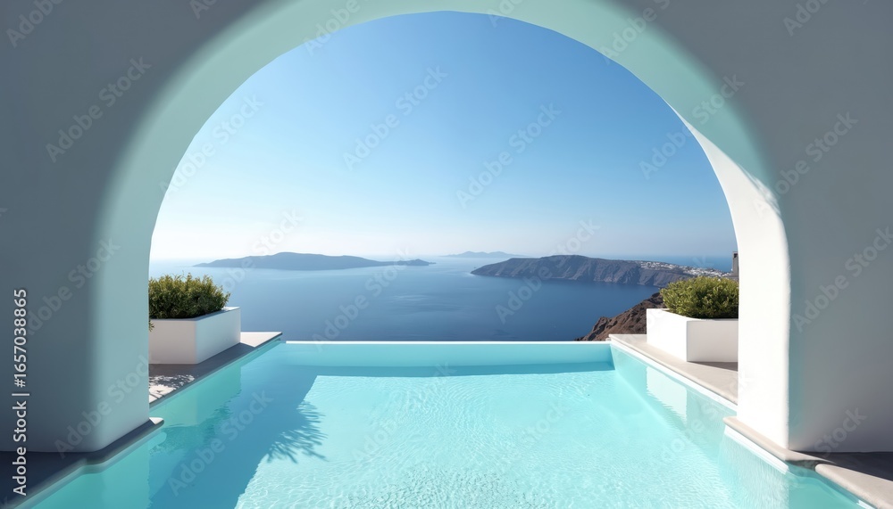 Fototapeta premium Luxury villa infinity pool overlooks Aegean sea caldera in Santorini, Greece. White arch framing blue ocean, island landscape. Private terrace, pristine water, idyllic summer vacation, perfect