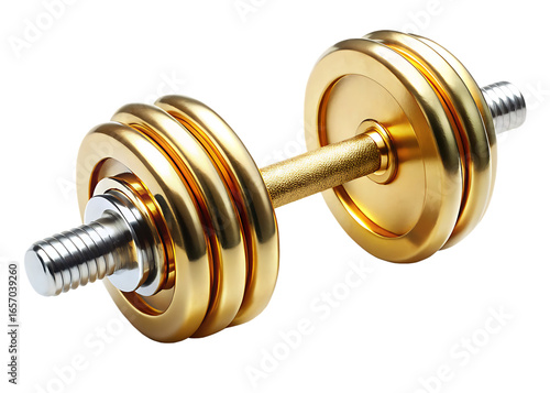 gold colored dumbbell with a silver handle  isolated on white background PNG, AI GENERATED