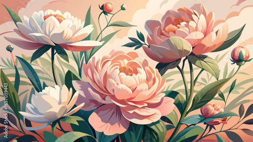 Close up softly blooming flowers in a lush garden, delicate peony petals unfold against pale pink background, spring blooms glowing gently, pastel pink hues radiating tender beauty in serene harmony.