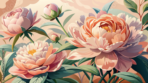Close up softly blooming flowers in a lush garden, delicate peony petals unfold against pale pink background, spring blooms glowing gently, pastel pink hues radiating tender beauty in serene harmony.