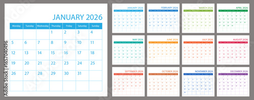 Calendar planner 2026 year, schedule month calender, organizer template. Week starts on Monday. Business personal page. European modern simple dairy. Vector illustration
