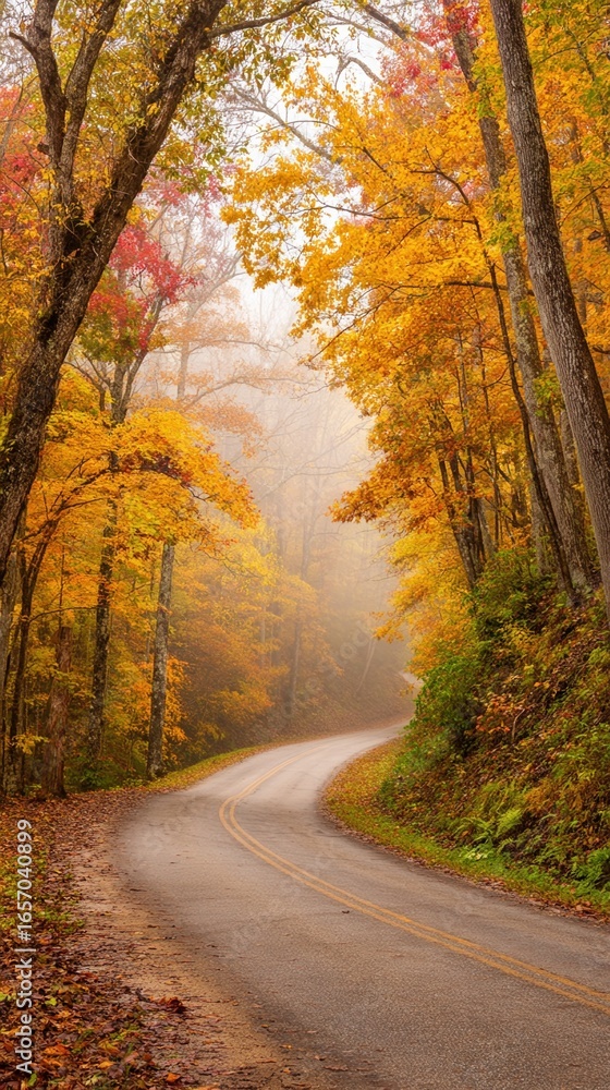 Naklejka premium Autumnal forest road winding path