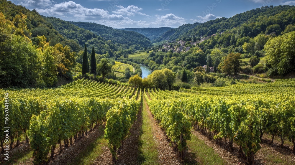 Fototapeta premium A picturesque vineyard landscape stretches across rolling hills, with a river winding through the valley below.