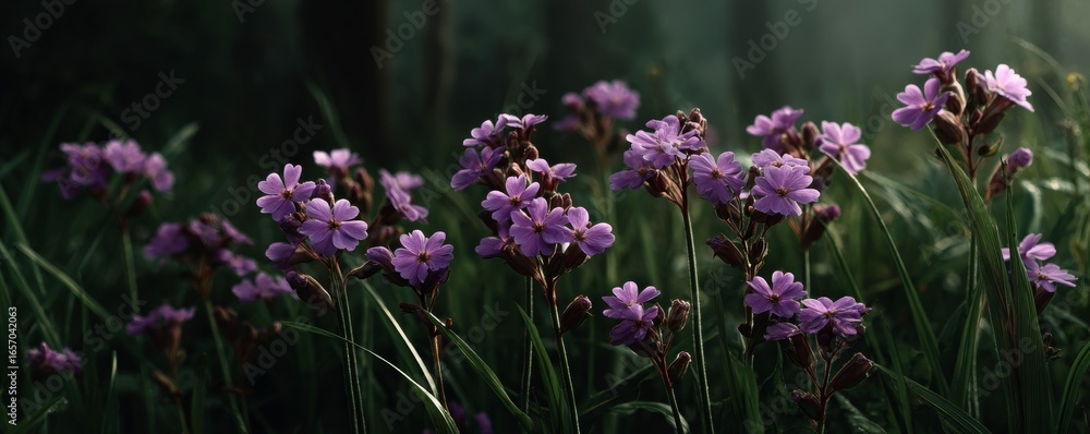 Obraz premium Misty Forest Purple Flowers Close-up Composition, Nature Photography, Soft Light, Floral Beauty, Wildflowers Wildflowers, Nature Photography