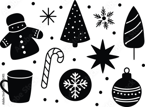 Hand Drawn Black and White Christmas Icons Set