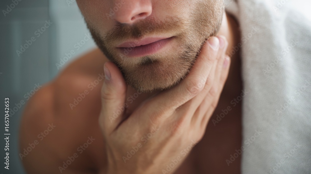 Fototapeta premium Adult man applying exfoliating product to his face in bathroom 