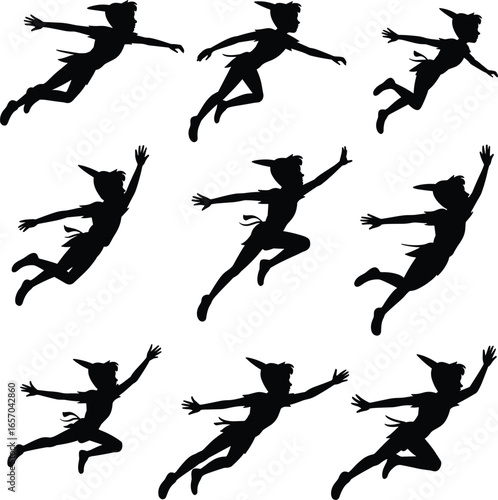 Fantasy flying character silhouettes in dynamic airborne poses, whimsical adventure concept, inspired by storybook hero, suitable for magic and fairytale themes