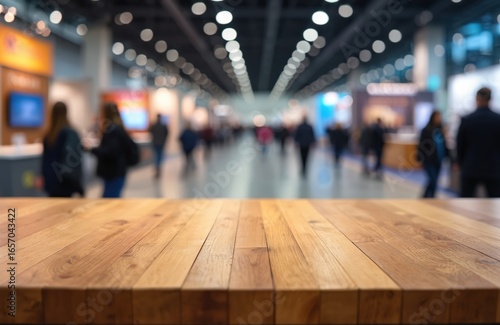 Wallpaper Mural Foreground wooden table offers natural display surface. Background shows busy trade show hall with blurred visitors, exhibits. Modern commercial interior design for product showcases, industry events. Torontodigital.ca
