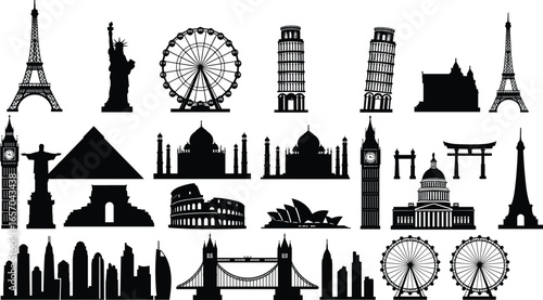 Famous world landmarks silhouettes set — Eiffel Tower, Statue of Liberty, Big Ben, Taj Mahal, pyramids, global architecture vector illustration
