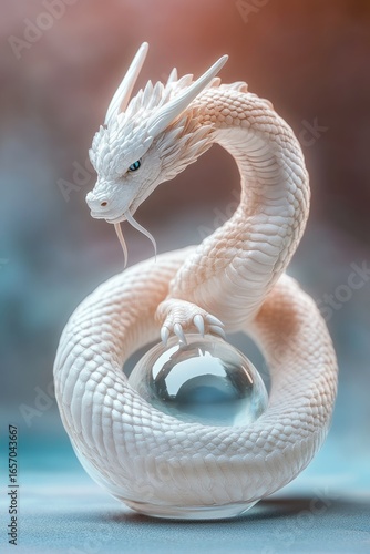 A coiled porcelain dragon, its tail wrapped around a crystal orb, stands with its head raised in a protective stance. The intricate scale details and sharp expression give it a majestic appearance.