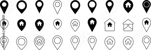 Diverse collection of vector location marker icons, featuring various map pin styles and home and tent symbols, ideal for navigation, mapping, and destination design projects.