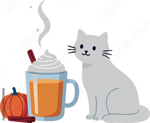 Cat sitting beside steaming pumpkin spice latte with cinnamon stick and small pumpkin vector illustration
