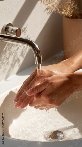 Woman washing hands under water faucet in modern bathroom setting, Concept of Peeling  
