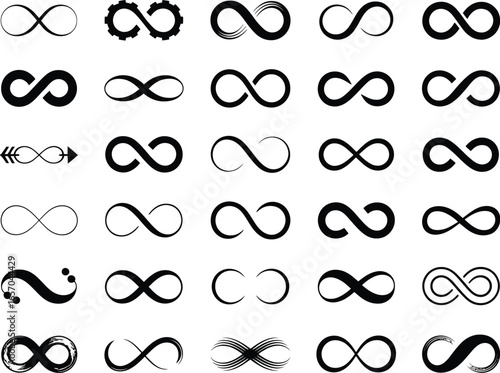 A diverse collection of 30 black infinity symbols, showcasing various graphic styles. These timeless emblems represent eternity, limitless potential, and endless possibilities in design.