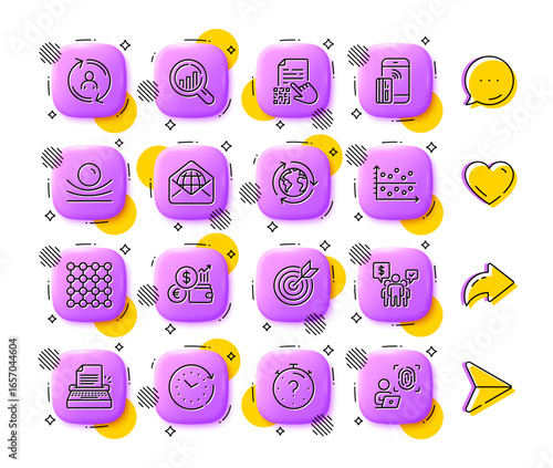 Web mail, Teamwork and Seo analysis line icons. App 3d buttons. Social media comment, share, like icons. Pack of Contactless payment, Currency rate, Dot plot icon. Vector
