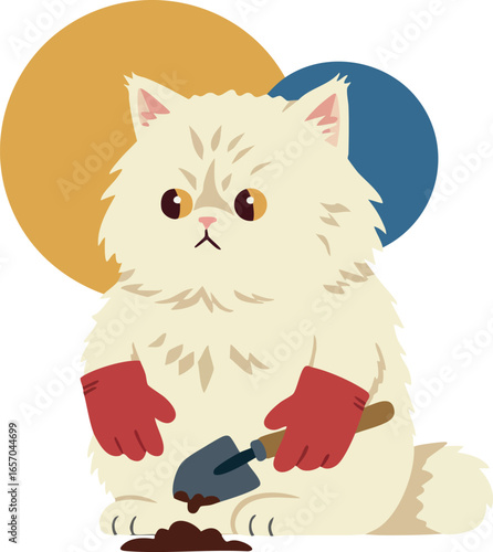 Cute white fluffy cat wearing red gloves holding garden trowel digging soil gardening pet animal vector illustration