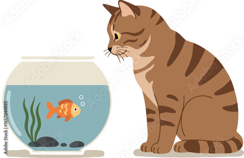 Cat curiously watching goldfish in round fishbowl with aquatic plants and rocks vector illustration