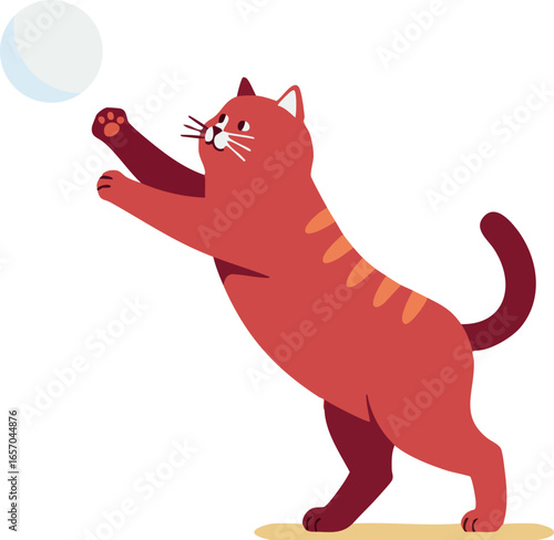 Red cat playing with a white ball in a playful pose vector illustration