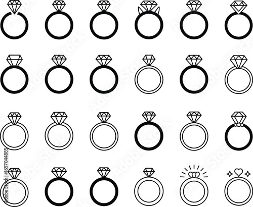Collection of black and white engagement ring illustrations in a grid pattern. Vector elements for design and concepts