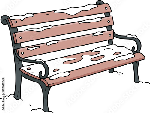 Snow-covered bench in winter with wooden seat and metal frame  