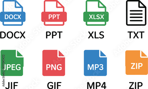 A modern collection of essential digital file format icons, featuring various document, image, audio, and archive types, presented clearly on a clean white background.
