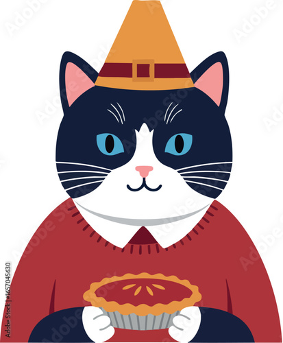 Black and white cat wearing pilgrim hat holding pumpkin pie autumn Thanksgiving celebration vector illustration