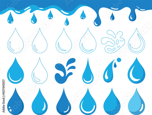 Vibrant collection of blue water drops, liquid splashes, and dripping elements in various styles, isolated on a clean white background for graphic design.