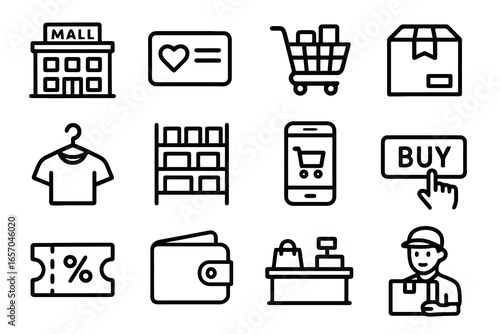 Set of 12 black store and shopping icons in flat vector style with white background, perfect for e-commerce apps, websites, and retail projects.
