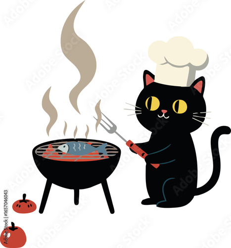 Black Cat Wearing Chef Hat Cooking Fish on Grill with Tomatoes Nearby Cartoon Vector Illustration
