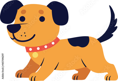 Cute playful dog with black ears and tail wagging happily in cartoon style vector illustration